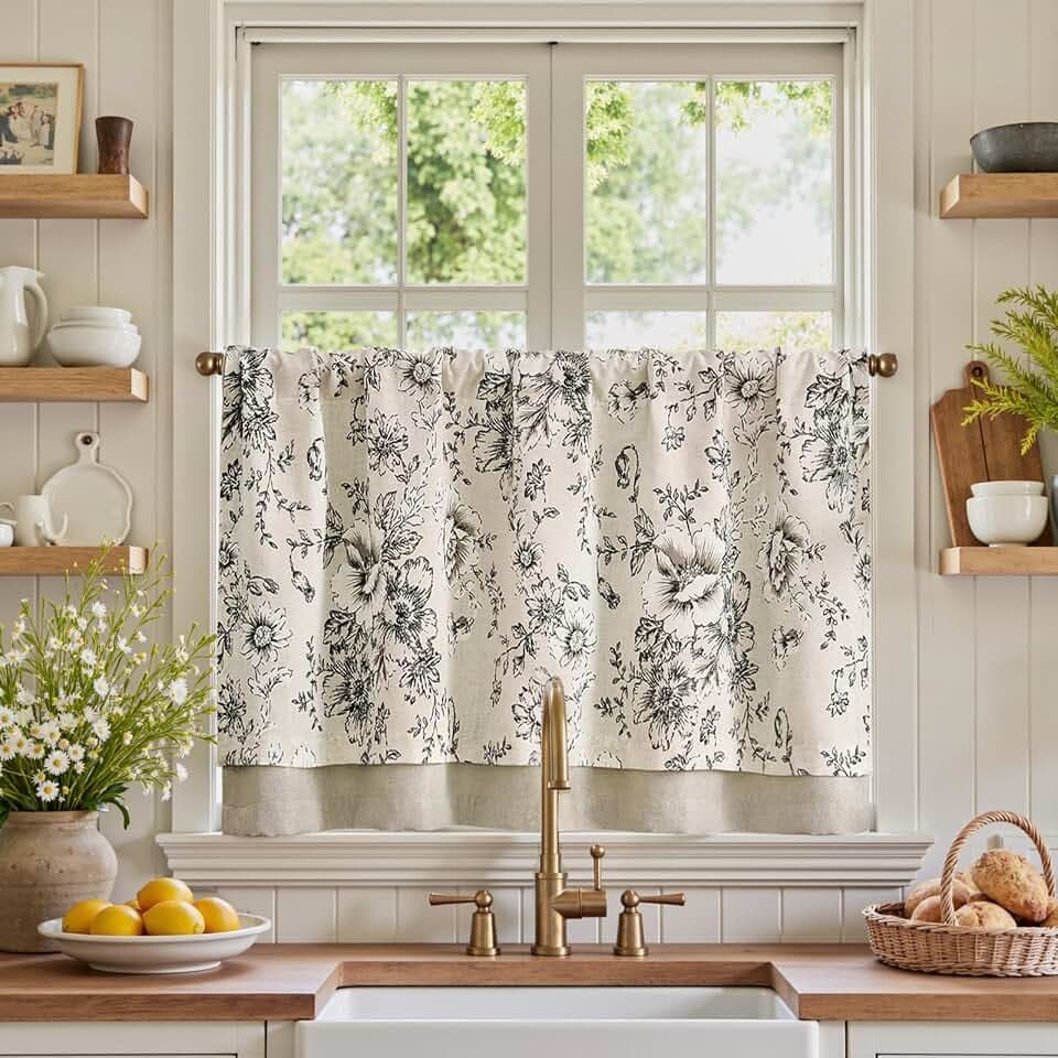 jinchan Floral Linen Tier Curtain 24 Inch Farmhouse 1 Panel Black