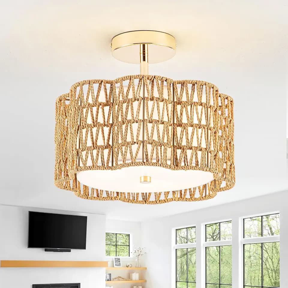 ✿ 13.8" Handwoven 3-Light Rattan Ceiling Light | Boho Flush Mount for Bedroom & Nursery, Natural Fiber Basket Light Fixture, Gold Light Fixture