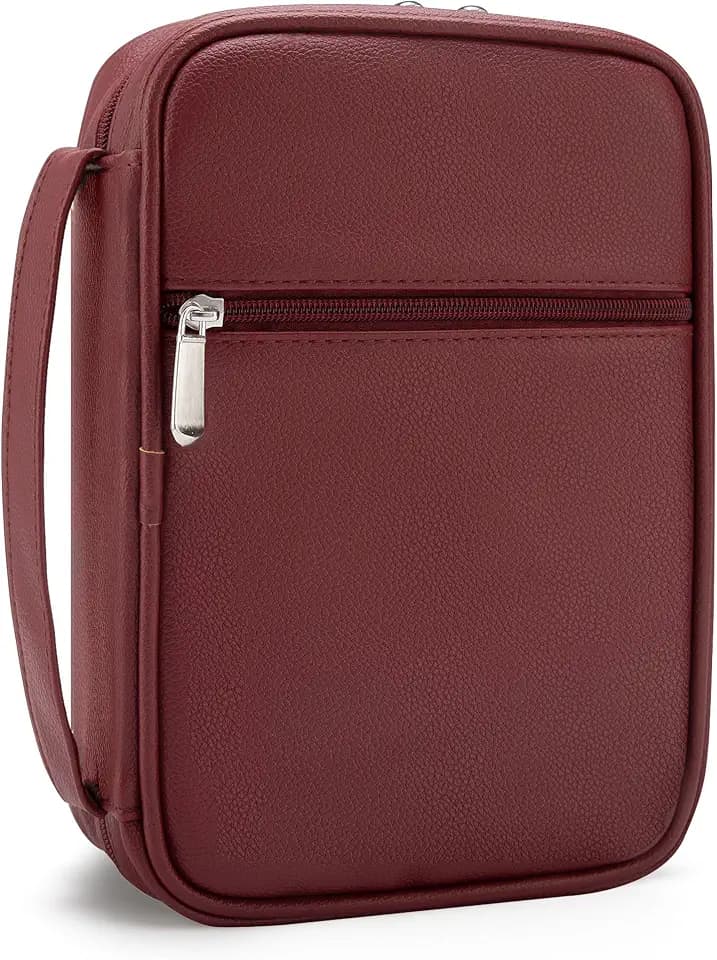 Small Bible Cover Case for Women and Men, 9x6 PU Leather Bible Sleeve, Compact Travel Bible Carrier Bag with Front Pen Holders, Zipper Closure, Inner Pockets - Burgundy Red
