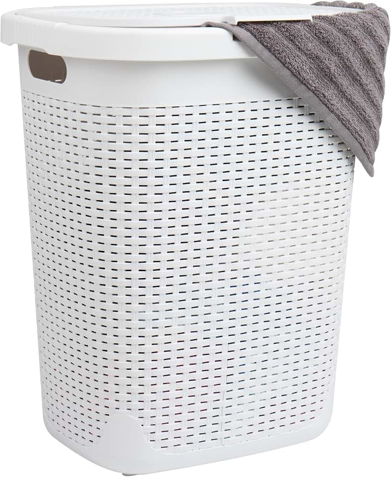 Mind Reader Slim Laundry Hamper with Lid, 50L Clothes Basket, Premium Wicker Design, Plastic, White