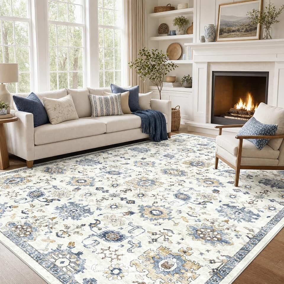 Amada 8x10 Washable Area Rug for Living Room, Blue/White, Vintage Pattern