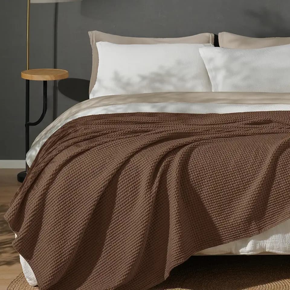 PHF 100% Cotton Waffle Blanket Lightweight Breathable, King Size Cappuccino