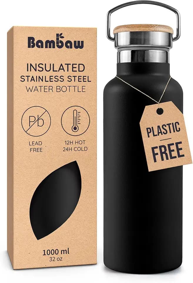 Bambaw Insulated Water Bottle 32 oz, Wide Mouth Stainless Steel Water Bottle with Handle, Made of High-Grade Stainless Steel, Convenient for Hot & Cold Drinks (Jet Black)