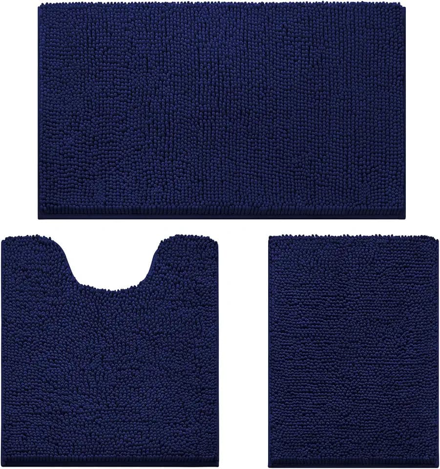 HOMEIDEAS Navy Blue Chenille Bathroom Rugs Set of 3, Non Slip Bath Mat