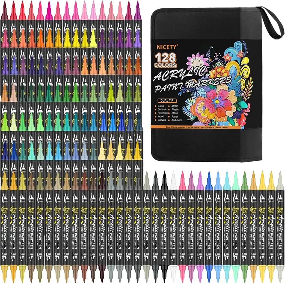 NICETY 128 Acrylic Paint Markers, Dual Tip Brush Paint Pens for Rock Painting, Wood, Glass, Stone, Canvas, Ceramic, Fabric - Fine & Brush Tip Water Based Acrylic Markers Pens