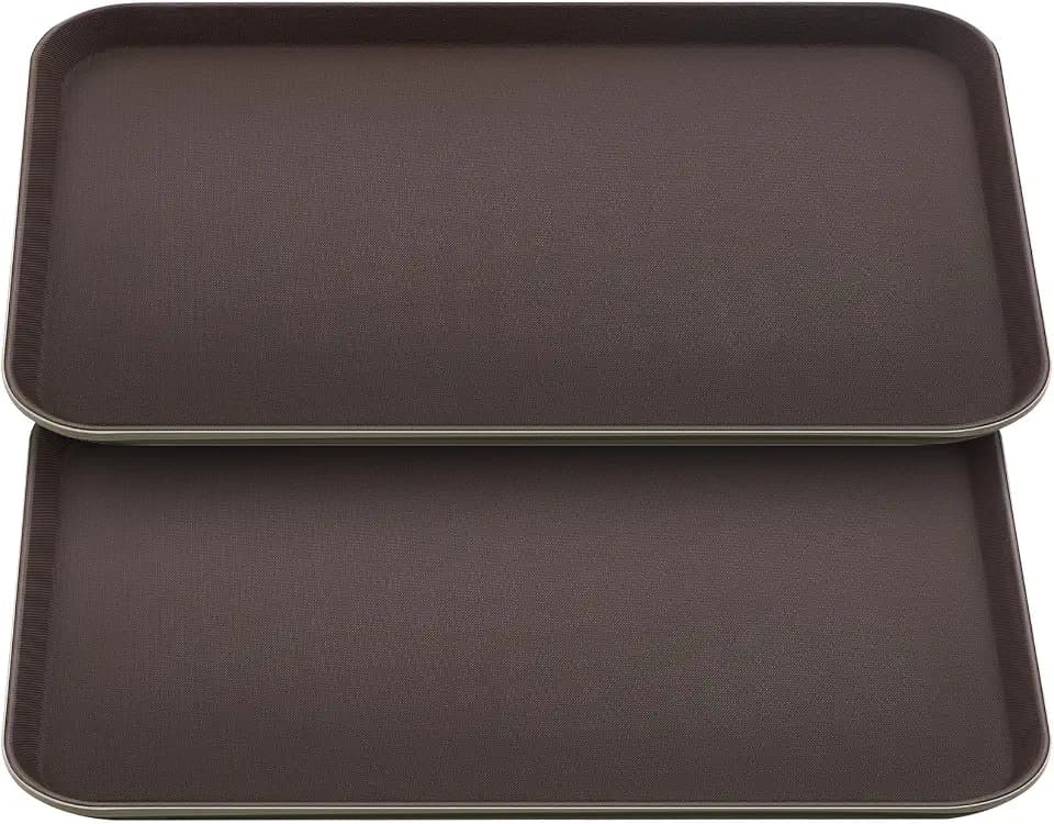 FillTouch 2 Pcs 18 x 26 Inch Rectangular Restaurant Serving Trays PP Non Slip Rubber Lined Large Plastic Display Tray for Kitchen Dining Room Cafeterias Fast Food Service(Brown)
