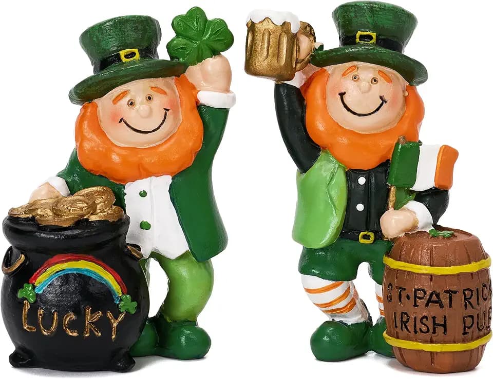 Valery Madelyn St Patricks Day Leprechaun Figurine Home Decor, 2Pcs Irish Luckly Tiered Tray Decor With Clover, Large Green Resin Gnome Saint Patricks Day Gift Decoration For Table Centerpiece, 3 Inch