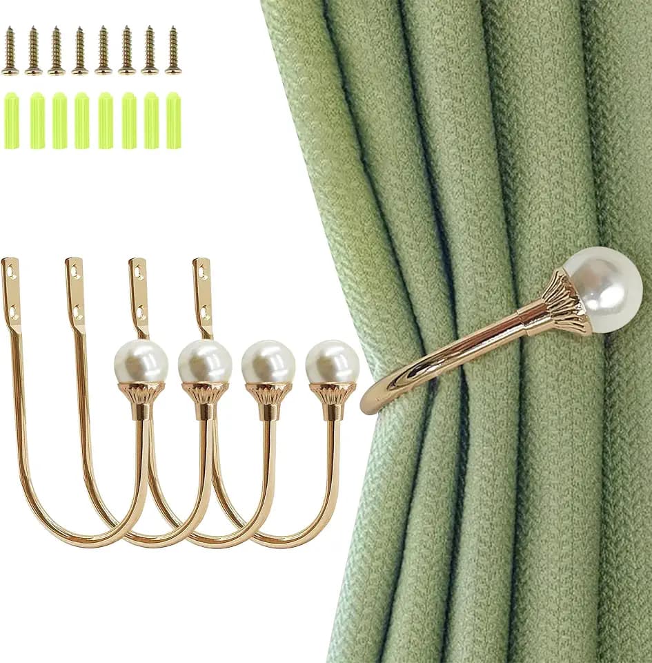 4-Pack Wall-Mounted Curtain Holdbacks, U-Shaped Plastic Pearl Tiebacks with Screws for Home Office Use - Gold