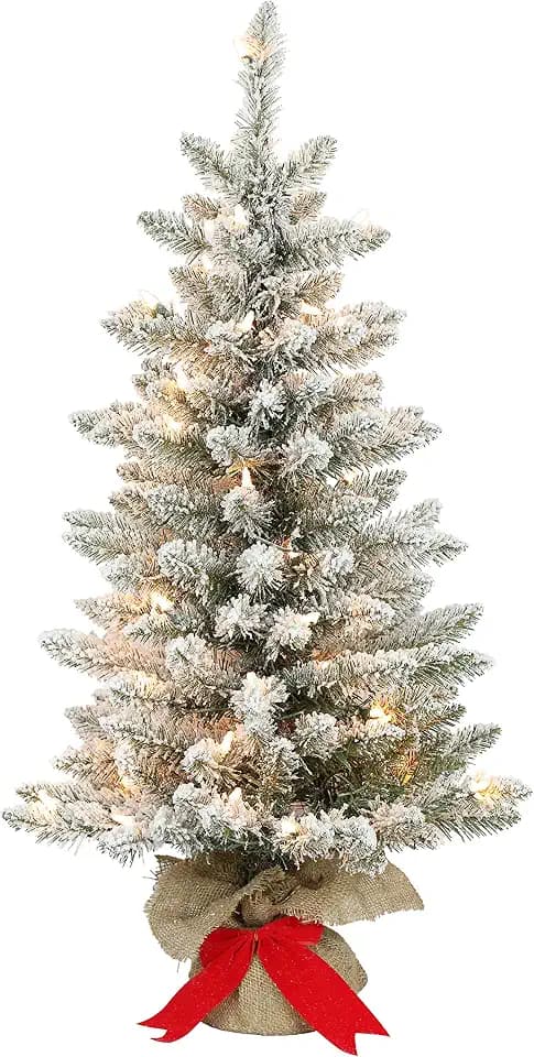 Puleo International Pre-Lit 3' Slim Flocked Fraser Fir Artificial Christmas Tree with 70 Lights, Green