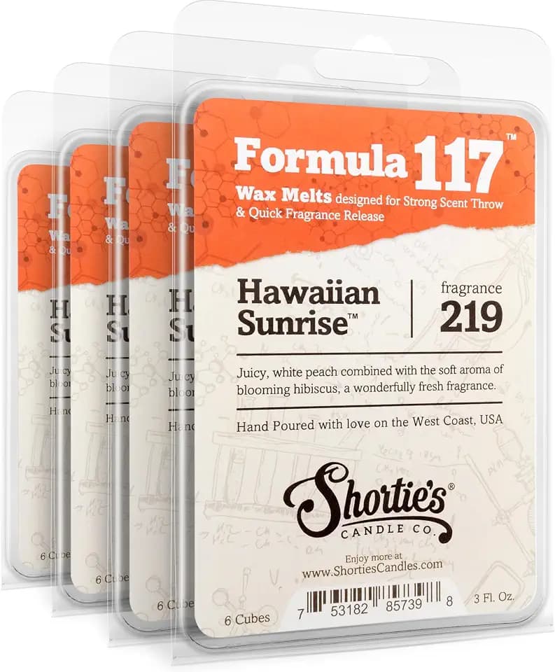 Shortie's Candle Company Hawaiian Sunrise™ Premium Wax Melts 4 Pack - 12 Oz., Strong & Long Lasting, Non-Toxic - Made with Essential & Natural Oils - Formula 117