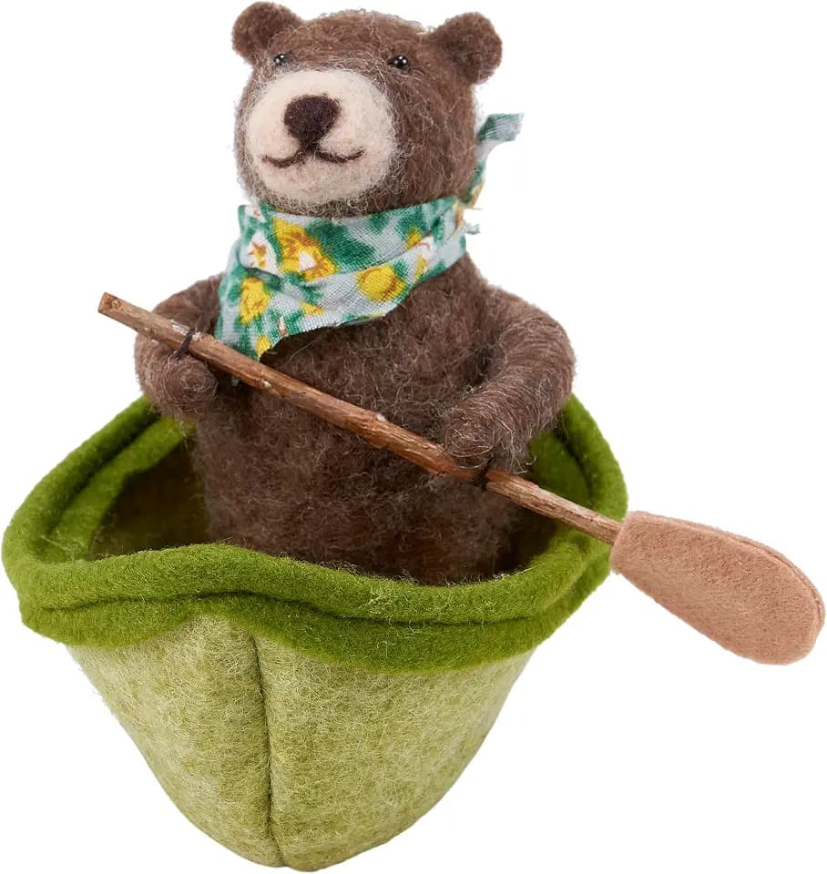 Primitives by Kathy Collectible Felt Critter, 5.5-inch, Rowboat Bear in Fabric Rowboat with Oars, Nautical Lake House or Cabin Themed Tiered Tray, Shelf or Tabletop Decor