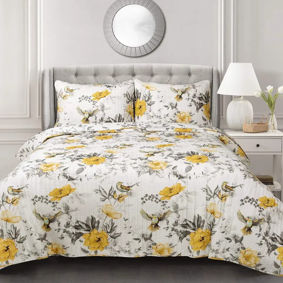 Lush Decor Penrose Floral 3 Piece Quilt Set, King, Yellow & Gray