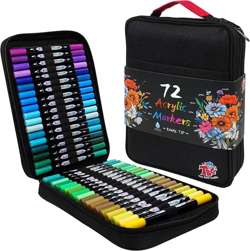 Acrylic Paint Markers, 72 Colors Dual Tip, Double Zipper Canvas Bag