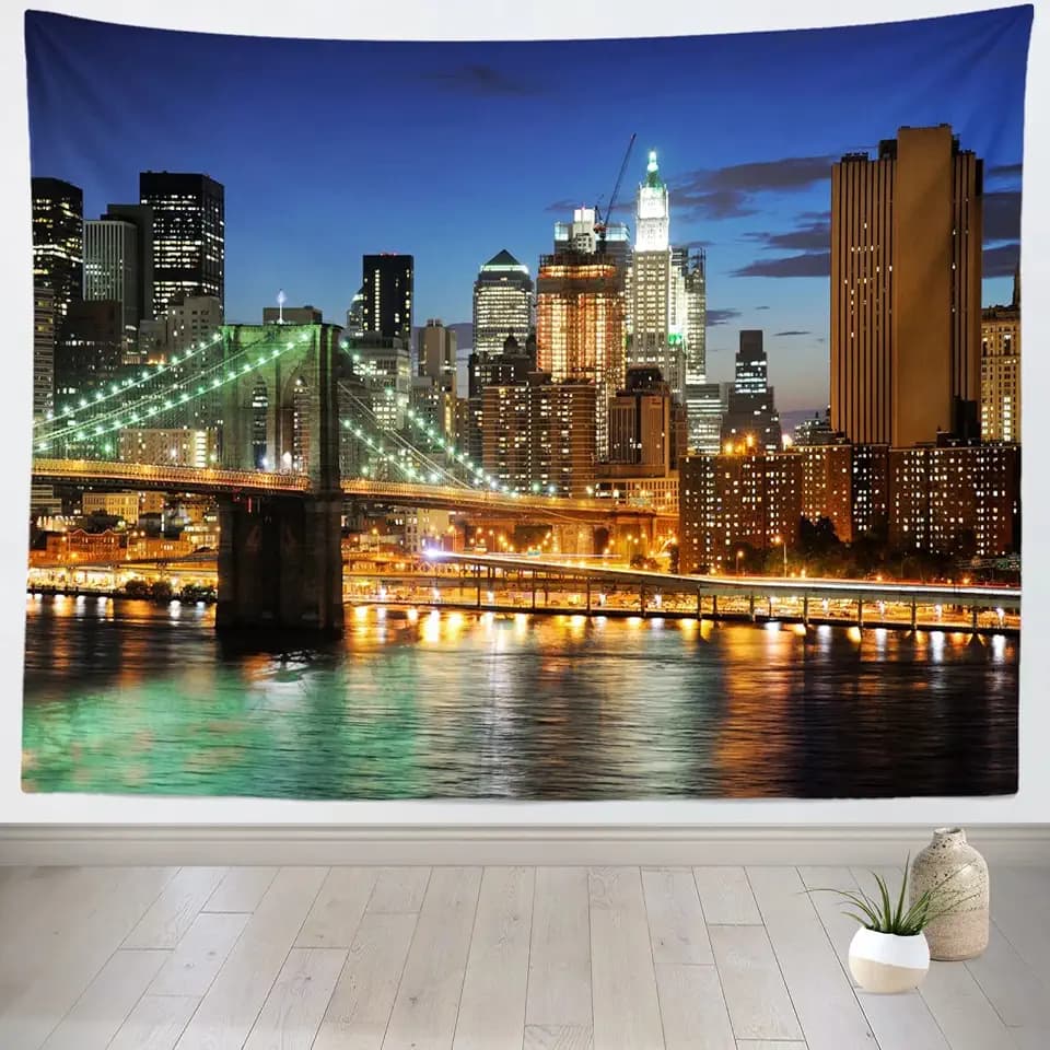 Loccor New York City Tapestry 140" x 100" Extra Large Brooklyn Bridge Manhattan Night Skyline Hudson River Wall Tapestry NYC Urban Skyscraper American Wall Hanging for Bedroom Living Room Home Decor