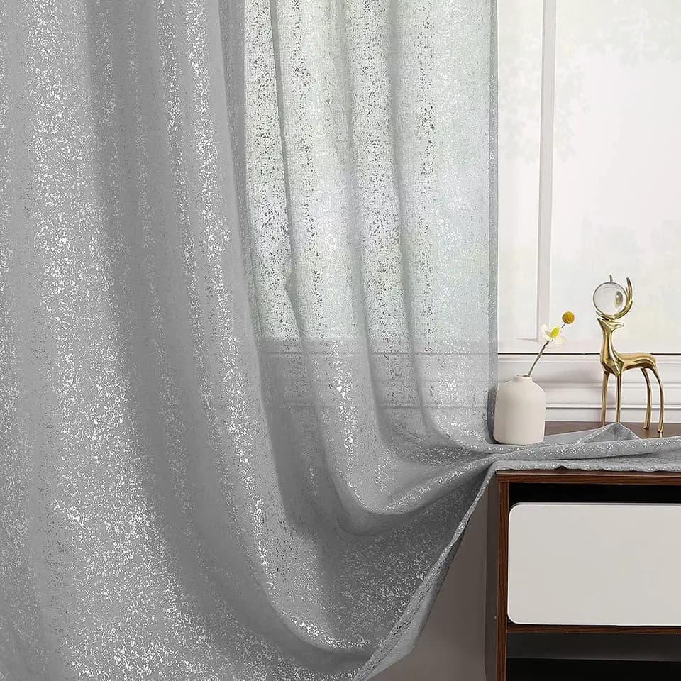 TERLYTEX Silver Grey Curtains, 52 x 108 Inch, 2 Panels, Rod Pocket, Sheer, Metallic Foil Glitter Sparkle, Privacy, Living Room