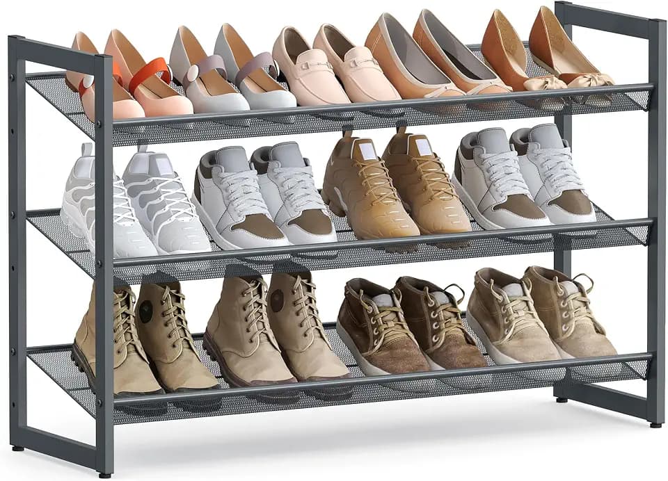 SONGMICS Metal Shoe Rack, 3-Tier Shoe Organizer, Holds 9-12 Pairs