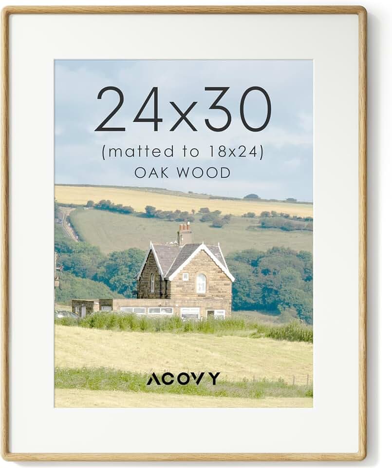 Acovy 24x30 Picture Frame, Natural Solid White Oak Wood Photo Frame with HD Tempered Glass, Rounded Corner Wooden Frame 24 x 30 Matted to 18x24, Gallery Wall Frames for Art, Wall or Tabletop Display