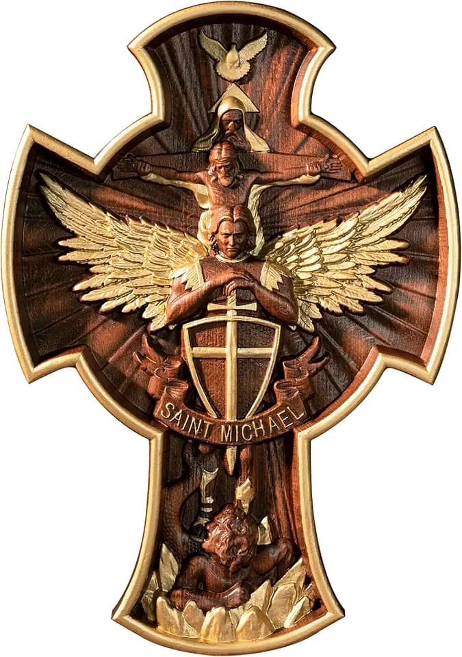 BGCOPPER St Michael Wooden Cross Wall Decor Holy Trinity Crucifix - 14 Inch