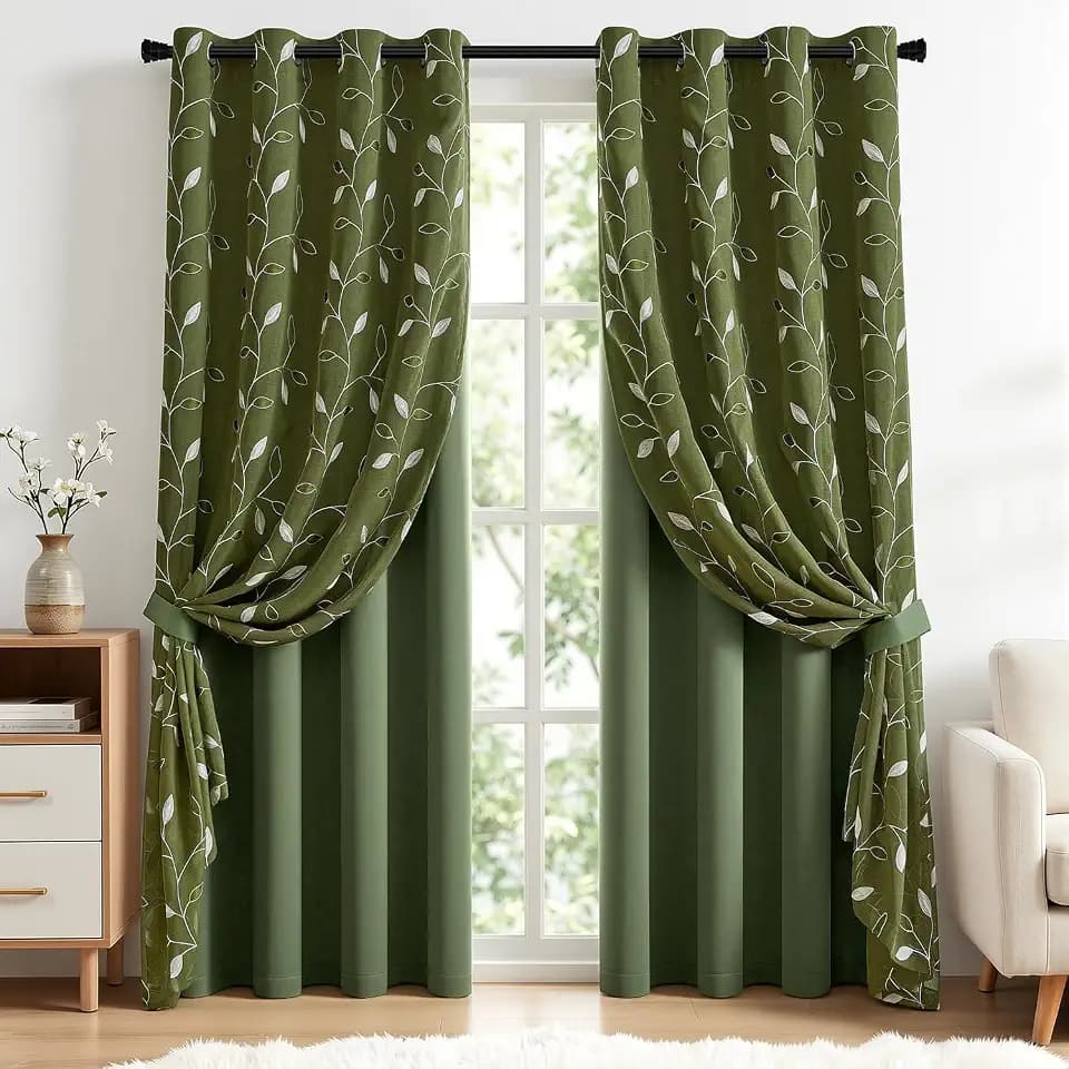 MIULEE Olive Green Double Layer Patterned Blackout Curtains 52" W x 96" L