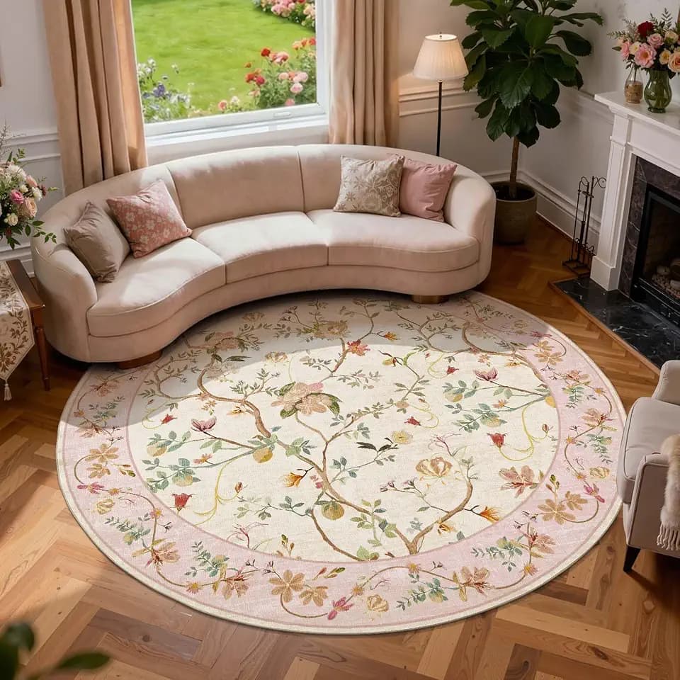 jinchan 8ft Washable Round Area Rug, Soft Large Floral Non-Slip, Pink