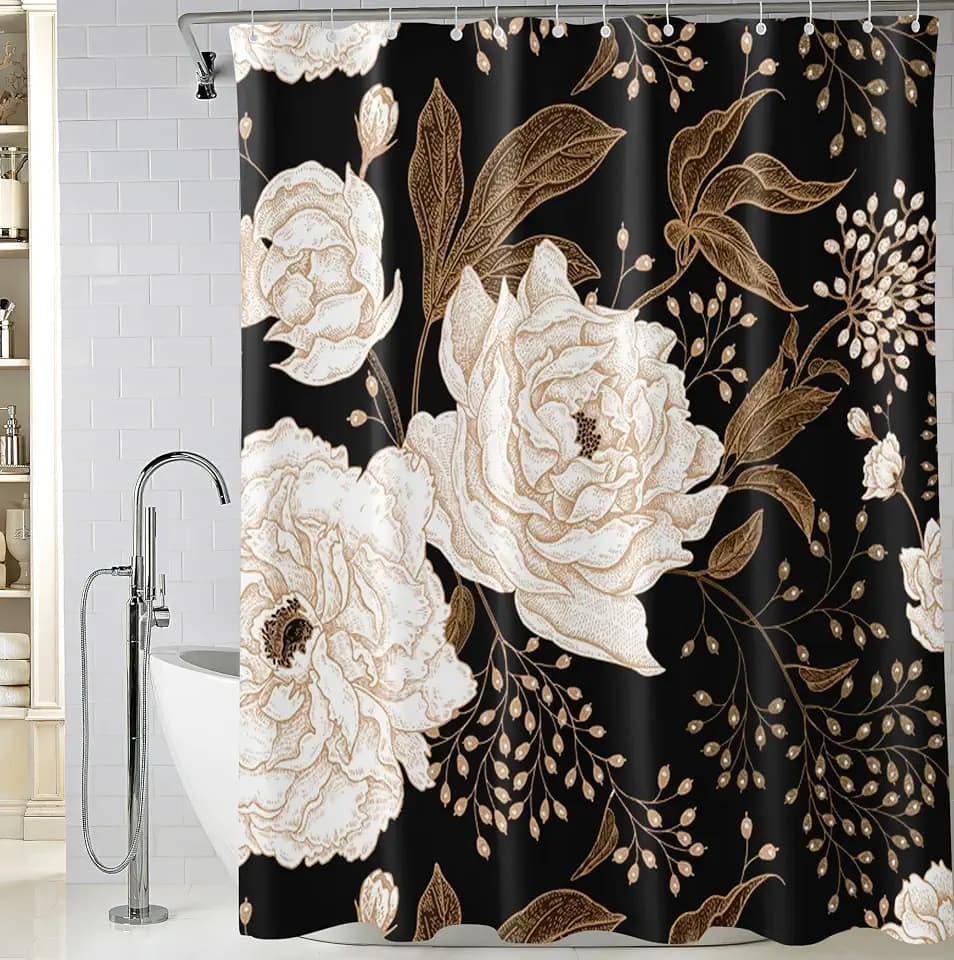 Black and Gold Boho Floral Shower Curtains, Waterproof Fabric Watercolor Black Flowers Bathroom Boho Shower Curtain with 12 Hooks, Black Gold Plant Leaf Shower Curtain 72 x 72 Inch