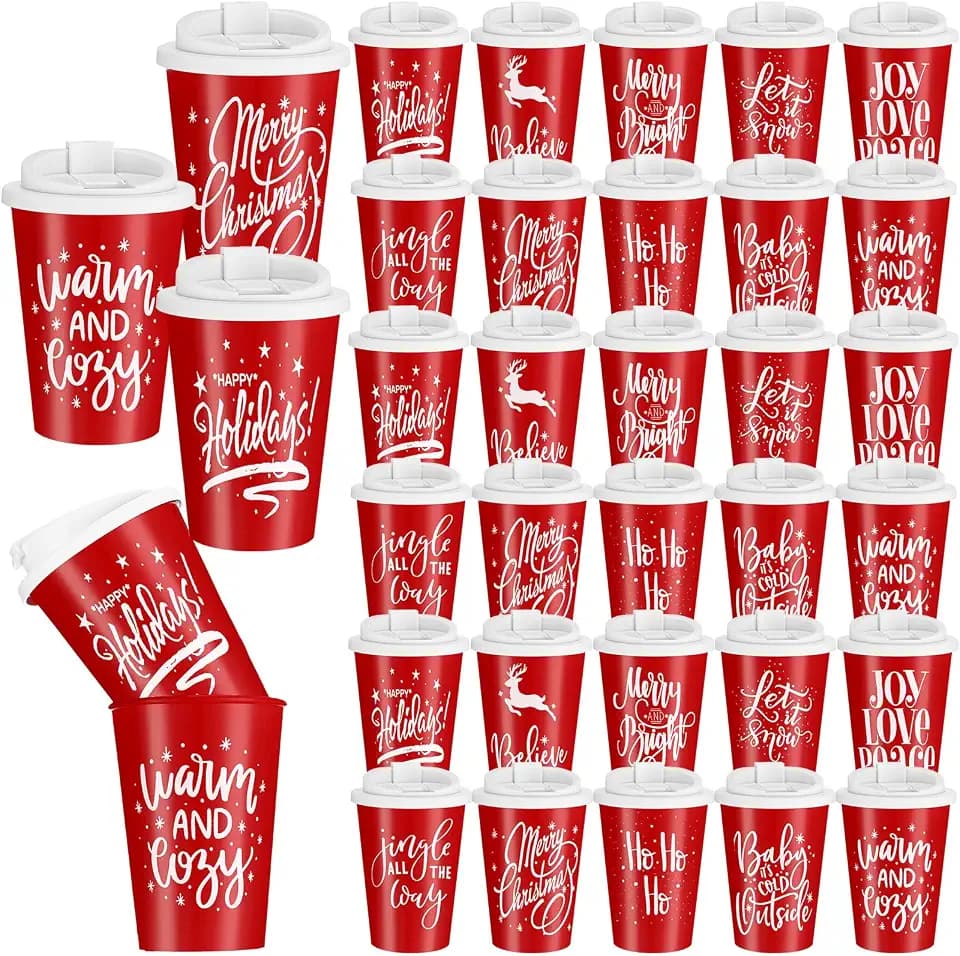 Sliner 30 Pcs 10 Pcs Christmas Reusable Cups with Lids 12 Oz, Red