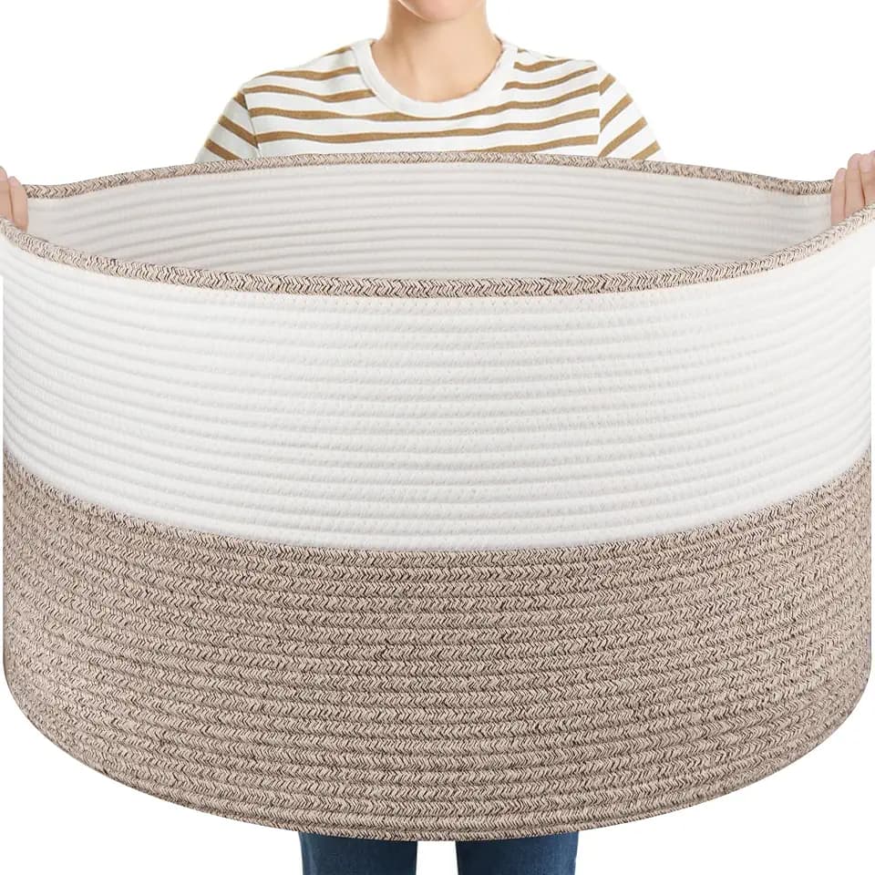 OIASKET Large Blanket Basket with Handles, 22.8" x 22.8" x 13" Woven Storage Basket for Living Room, Cotton Rope Baby Toy Storage for Clothes, Pillows, Towels-Brown & White