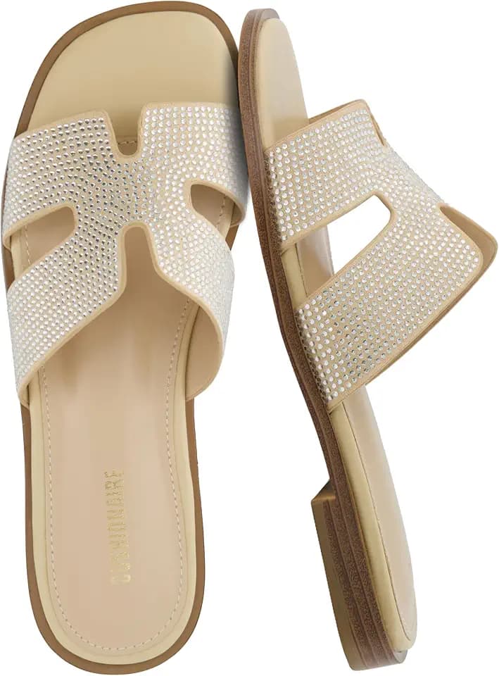 CUSHIONAIRE Voyage Cutout Strap Slides for Women, Slip On Summer Flats, Trendy Footwear, Memory Foam Vegan Leather Comfortable Vacation Style Sandals
