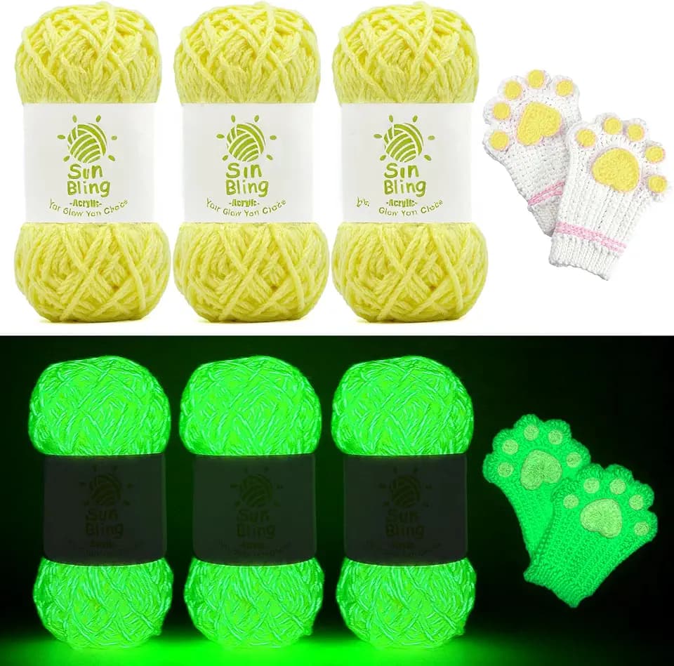 Crochet Yarn Glow in The Dark, SunBling Luminous 3 Pack of 5.29Oz/230Yards Acrylic Yarn for Handicraft Knitting, Light#3 Worsted Yarns Ideal for Beginners Adults, DIY Women Birthday Gift (Pale Yellow)