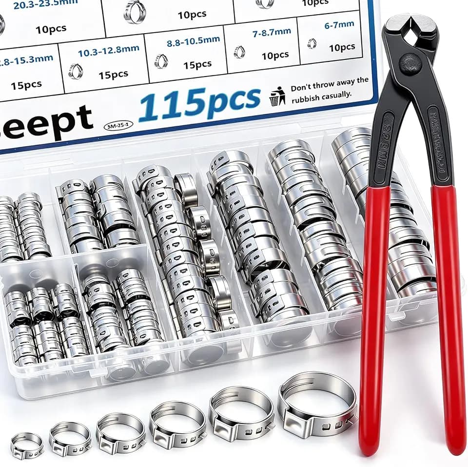 115Pcs 10-Sizes 304 Stainless Steel Single Ear Hose Clamps with Ear clamp plier 6-28.6mm Crimp Hose Clamps Assortment Kit for Auto/Home Appliance/Pipe/Fuel Line Stepless hose clamp with pincer