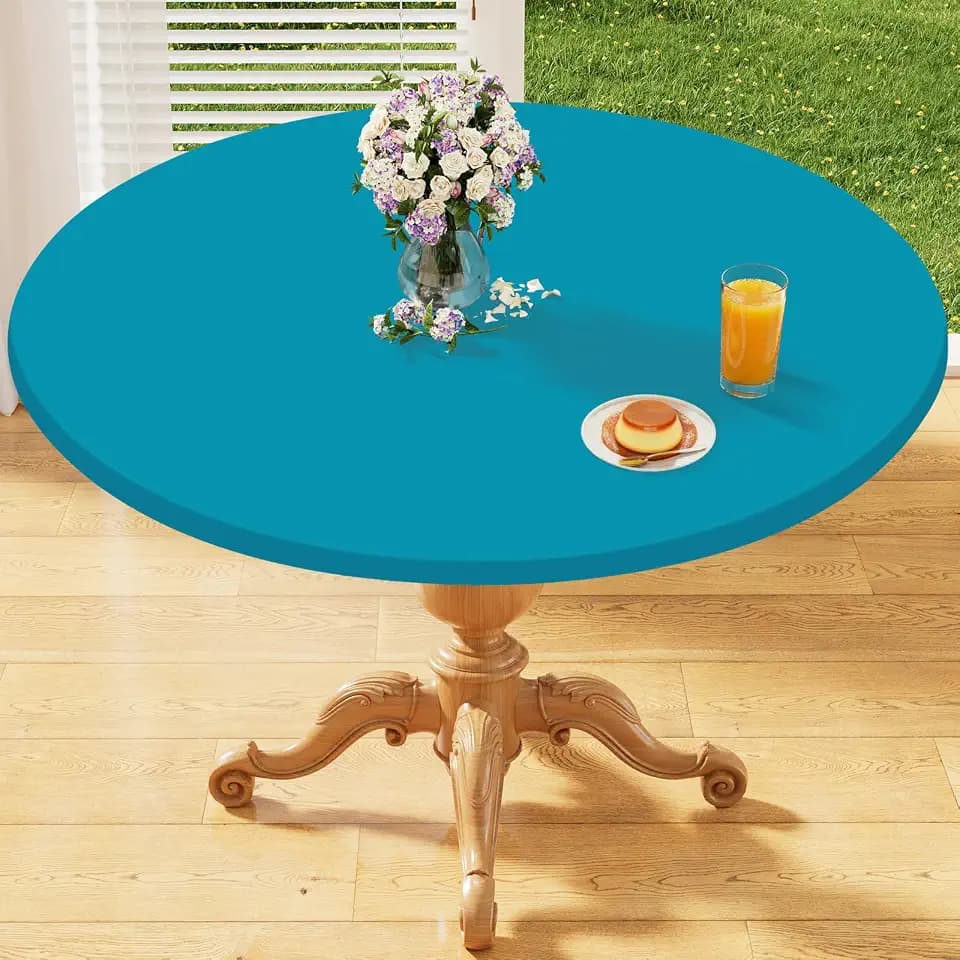 homing Round Elastic Fitted Tablecloth, Water-Resistant Fabric Tablecloths for 45"-52" Tables, Washable Polyester Table Cover for Picnic, Caming, Dinner, Indoor & Outdoor, Teal