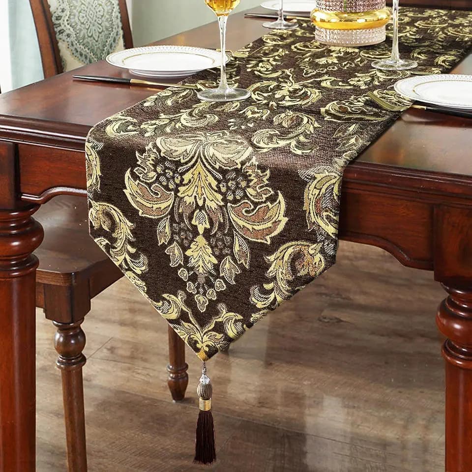 Sophisticated Jacquard Dark Brown Chenille Table Runner 84 inches Long