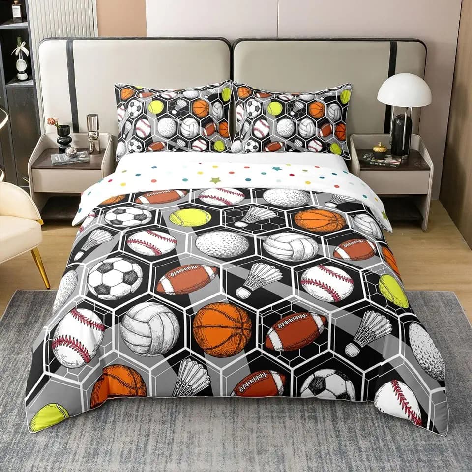 Erosebridal 100% Cotton Ball Games Bedding Sets Basketball Football Comforter Cover Hexagon Geometric Sports Duvet Cover Set Baseball Tennis Badminton Rugby Quilt Cover with 1 Pillow Case Twin Size
