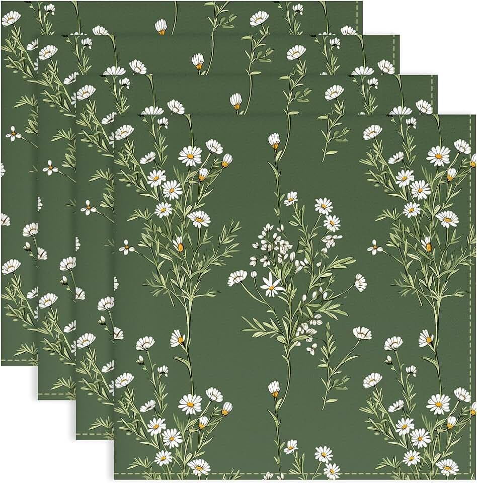 Spring Floral Daisy Cloth Napkins Set of 4, 100% Cotton, 18 x 18 in