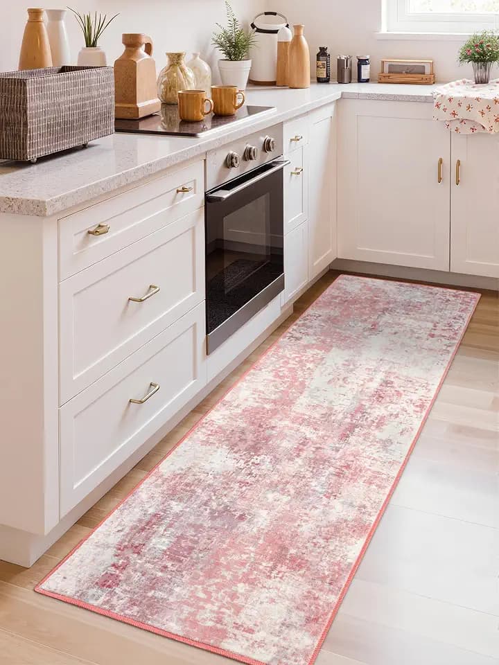 Macgace Washable Abstract Area Rug for Kitchen, 2x6 Pink Runner Rugs