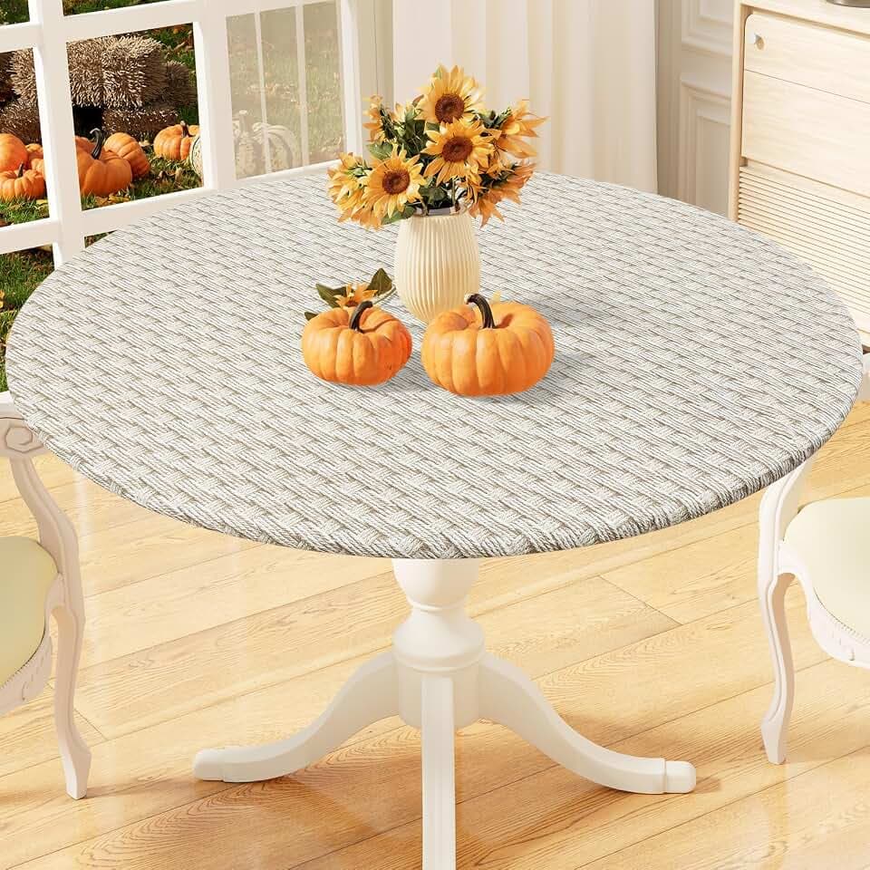 misaya Round Fitted Tablecloth with Elastic Edge, 100% Waterproof Oil Proof Plastic Table Cover, Vinyl Flannel Backed Tablecloth Fits 36"-44" Round Tables for Dinner, Outdoor, Picnic, Weave