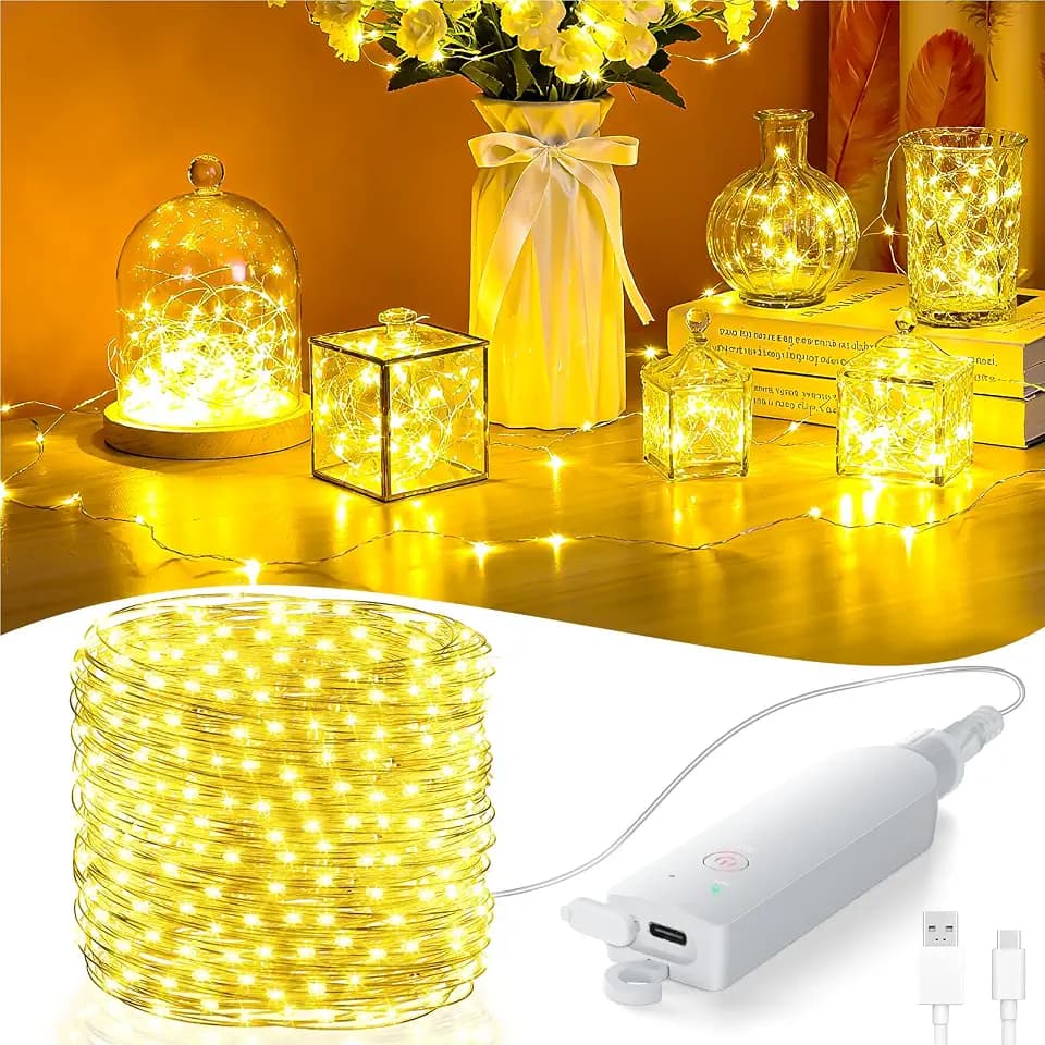 Fairy Lights Battery Operated, Rechargeable String Lights with Timer, Mini Waterproof LED Twinkle Lights for Bedroom, Christmas Decorations, Wedding Party Decor (Warm White, 10M/33FT)