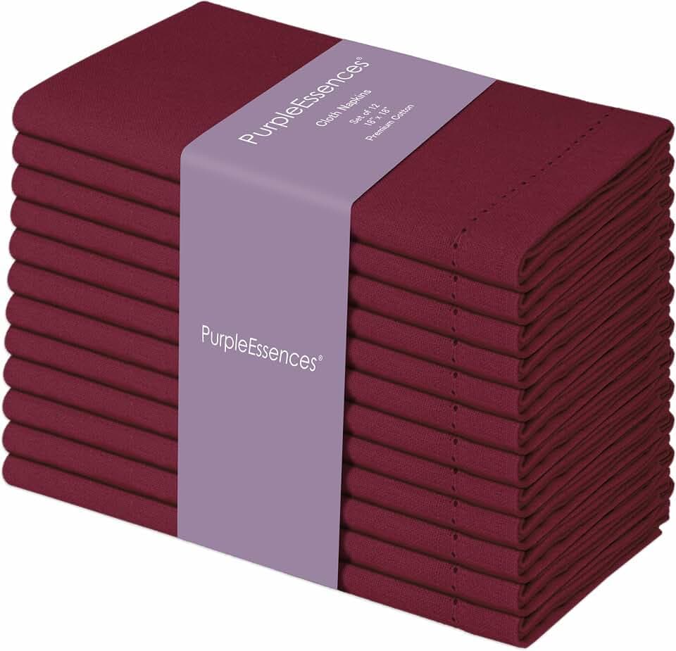 PurpleEssences Hemstitch Cloth Napkins 18x18 in Set of 12 - Burgundy