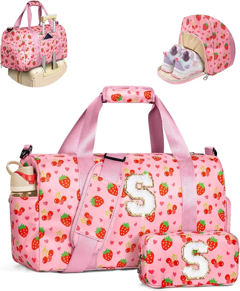 Elilier Birthday Gift for Girls, Cute Travel Duffle Bag for Kids, Letter S