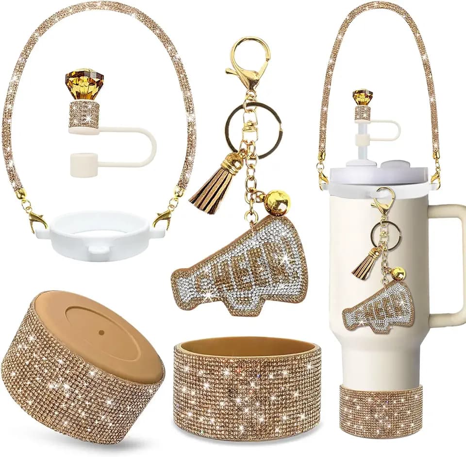 6 Pcs Glitter Accessories Set for Stanley Tumbler 20&30 Oz, Diamond Handle Strap, Straw Covers, Silicone Boot