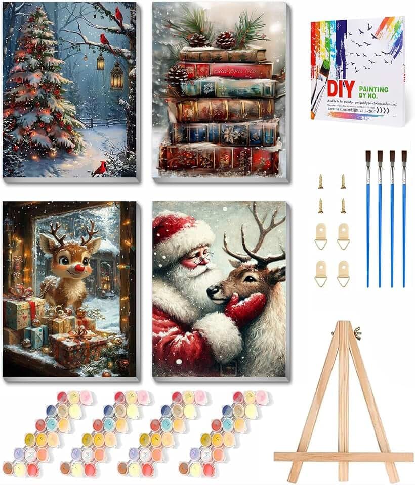 4 Packs Christmas Framed Paint by Numbers Kit with Wooden Easel & Gift Box