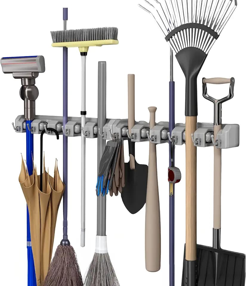 Garden Tool Organizer Wall Mount Broom and Mop Holder, 5 Adjustable Slots and 6 Hooks Utility Rack for Garage or Home Organization, 2-Pack by Stalwart