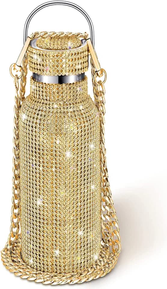Geiserailie Diamond Water Bottle Bling Rhinestone Stainless Steel Thermal Bottle Refillable Insulated Glitter Water Jug with Chain for Women Girls Gifts(750 ml,Gold)