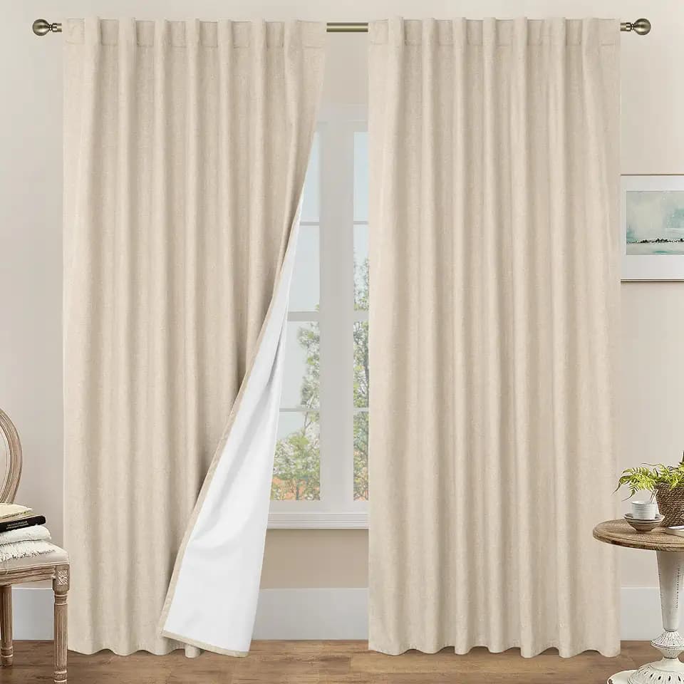LAMIT 100% Blackout Linen Curtains 84 Inch for Living Room, Linen