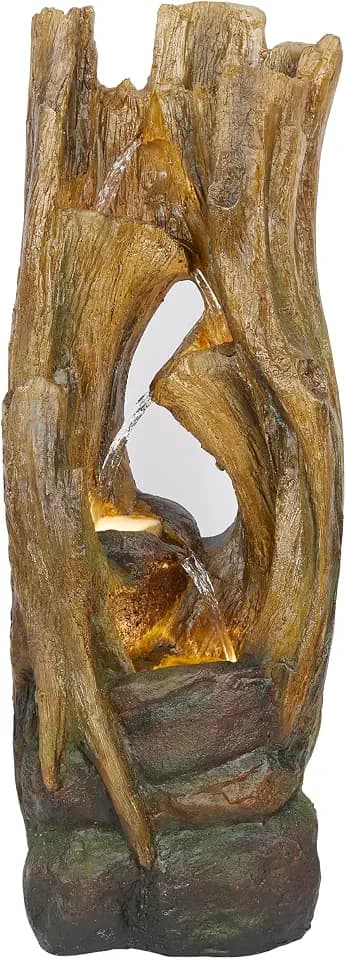 Alpine Corporation 39" Tall Cascading Tree Trunks Waterfall Fountain with LED Lights, Outdoor Floor Water Feature with Rustic Natural Wood Look, Garden, Patio, Lawn & Backyard Decor, Brown
