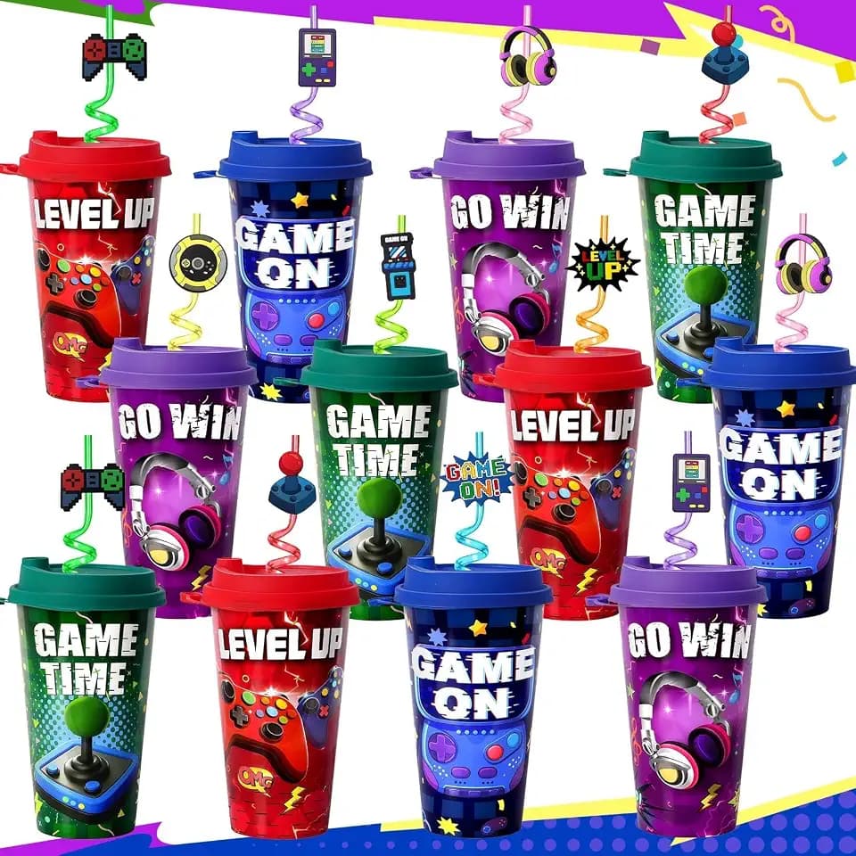 Video Game Party Favors, 24 16oz Gamer Cups with Lids and Straws