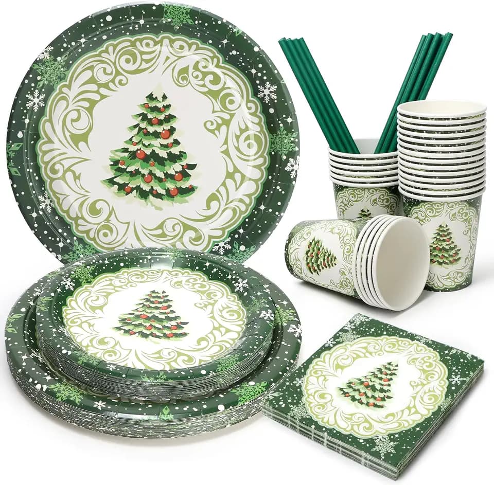 125 PCS Christmas Paper Plates and Cups Party Supplies, Green Christmas Tree Party Paper Plates and Cups, Disposable Tableware Set, Serve for 25 Guests