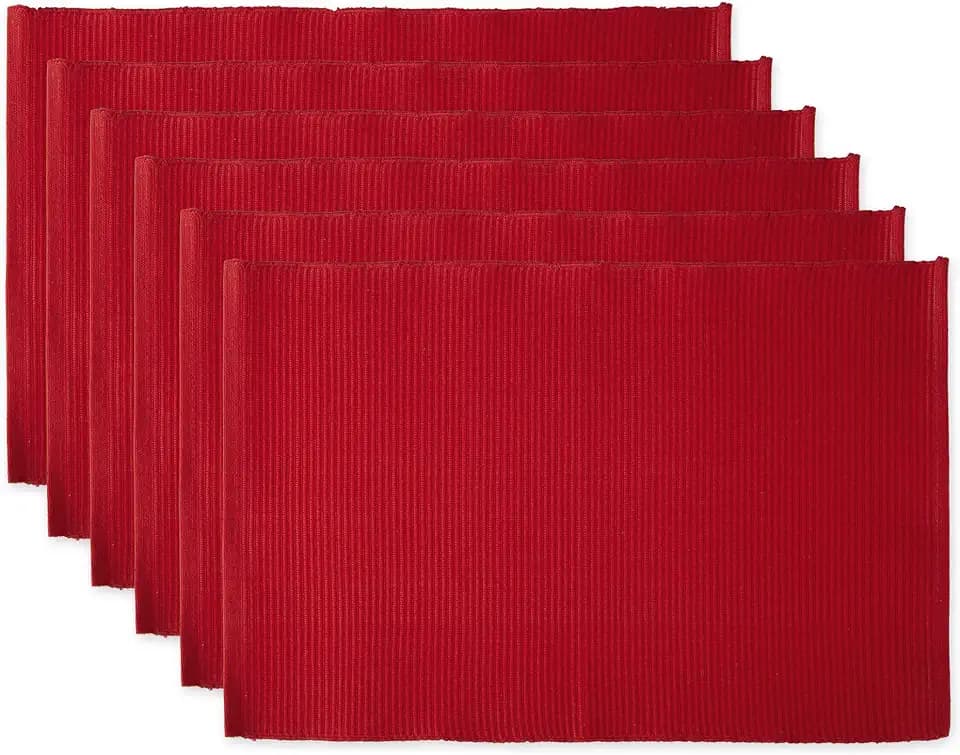 DII Basic Everyday Ribbed Tabletop 100% Cotton, Placemat Set, 13x19, Tango Red, 6 Piece