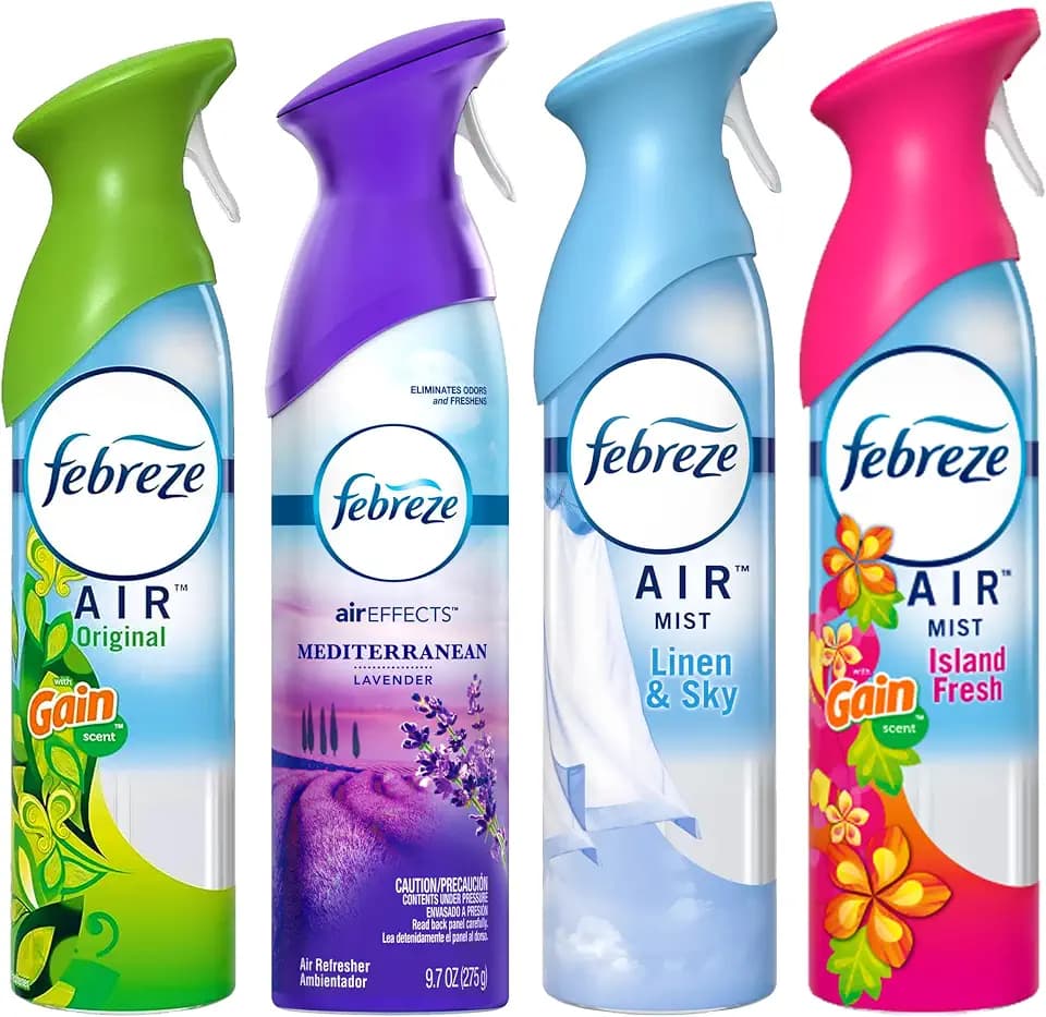 Febreze Air Freshener Odor Eliminator Spray, Assorted Scent Febreze & Bathroom Deodorizer, Original, Island Fresh, Linen Sky & Lavender, 4 Pack
