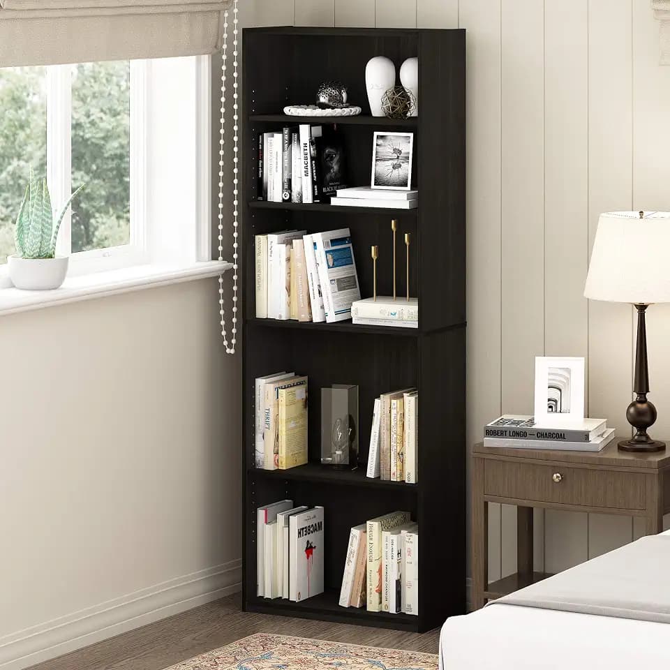 Furinno Jaya Book Shelf, 5-Tier Bookshelf, Tall Standing Bookcase with Adjustable Shelves, 9.5 x 24.5 x 71.2, for Living Room, Bedroom, Home Office, Black Espresso